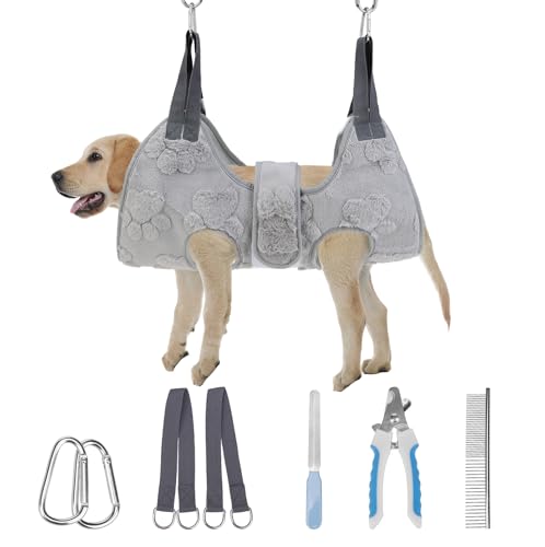Dog Grooming Hammock Harness for Dogs & Cats with Pet Nail Clipper Trimmer (M / Grey 1)