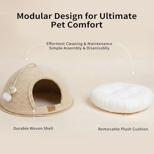 Cat Cave Bed with Washable Cushion and Ball (White)