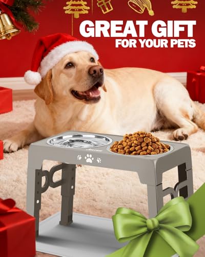 Elevated Dog Bowls for Medium Large Dogs with Mat (for Medium Large Dogs 1 Basic&1Slow Bowl with Mat / Light Borwn Grey)
