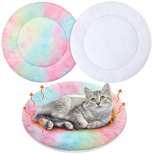 2 Pack Self Heating Cat Pad Self Heating Cat Bed Machine Washable Heat Pet Mat Reversible Body Thermal Warm Round Dog Bed Crate Blanket for Feral and Indoor Cats (16'' / Tie Dye)