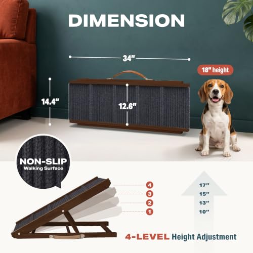 Adjustable Dog Ramp for Bed (Brown / 34" Long x 12.6" Walking Space)