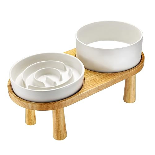 Ceramic Slow Feeder and Water Bowl Set for Small Dogs (White / 6" D)