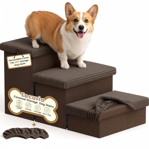 3 Step Wide Dog Stairs 18" H with Removable Cover (Covered Coffee / 30"D x 17"W x 17.7"H)