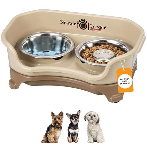 Express Mess Proof Dog Bowls Elevated for Small Breeds Under 15 Lb (Small w/ Metal Slow Feed Bowl / Cappuccino)