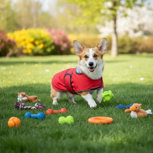 Dog Raincoat Corgi rain Coat pet Waterproof Jacket fit for Corgi Weiner Wide Body Long Back Breeds with Reflective Stripe Great Coverage red M (Medium / Red)