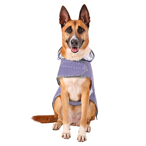 Dog Raincoat for Large Dogs Puppies Waterproof Jacket Hooded Rain Coats with Reflective Strips Leash Hole & Poncho Adjustable Fit (Blue white Stripes / Large)
