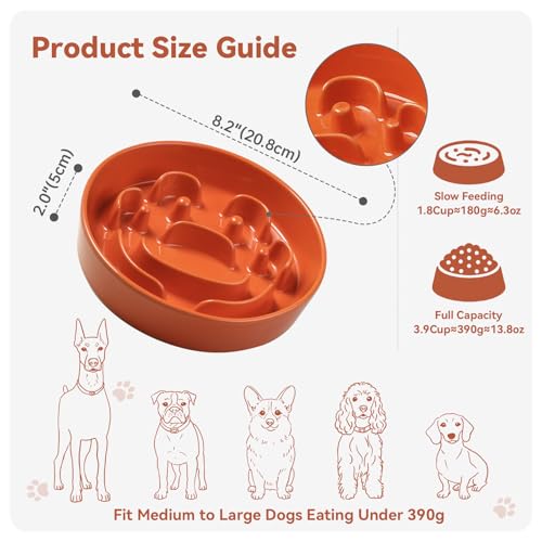 Ceramic Slow Feeder Dog Bowl (Orange / Medium without Stand)