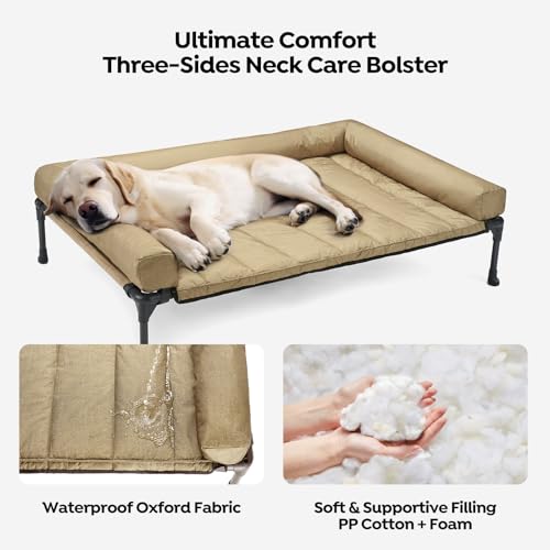 Outdoor Elevated Dog Bed with Waterproof Bolster Cushion (Beige Coffee / 42.0"L x 30.0"W x 7.0"Th)