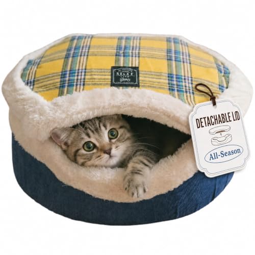 Cat Bed Cave Enclosed Hideaway with Detachable Lid for Kitten (Yellow)
