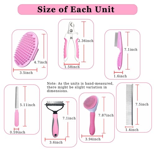 7PCS Dog Grooming Brush Kit for Shedding and Matted Fur (Pink)