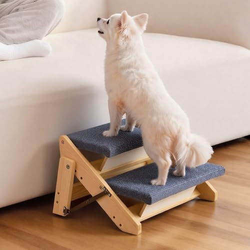 Wood Pet Stairs (Wood Color+Blue / 2-Step Foldable)