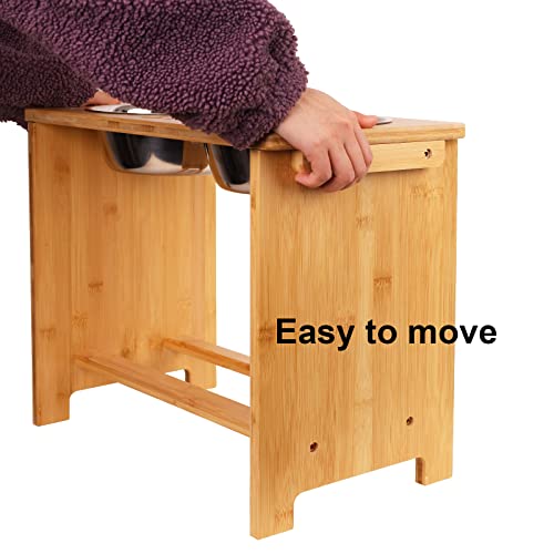 Elevated Dog Bowl Stand with 2 Stainless Steel Bowls (X large-14"tall,48 Oz bowl / Bamboo)