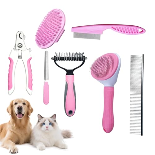 7PCS Dog Grooming Brush Kit for Shedding and Matted Fur (Pink)