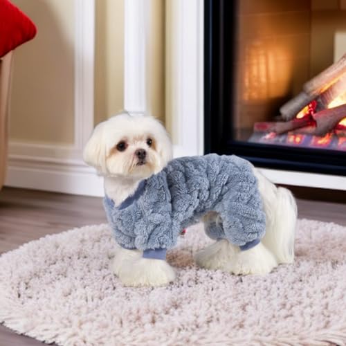 Plush Dog Pajamas for Cold Weather 4 Legged Clothes for Dog Cat Stretchy Puppy Kitten Onesie with Buttons Warm Soft Pet Jumpsuit Winter Coat Blue Small (Small / Blue)