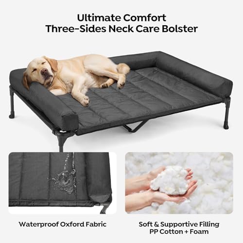Outdoor Elevated Dog Bed with Waterproof Bolster Cushion (Black / 49.0"L x 33.0"W x 9.0"Th)