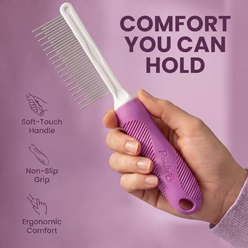 Poodle Pet Detangling Pet Comb with Long & Short Stainless Steel Teeth for Removing Matted Fur (Purple / Detangling Pet Comb)
