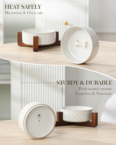 Dog Bowl Set Ceramic Bowls with Walnut Wood Stand (Rhombic+Polka Dots / 2 Cups)