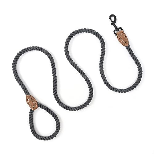 Dog Leash Braided Cotton Rope with Leather (Dark Grey / 60 Inch-1/2")