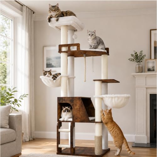 Wooden Cat Tree Tower with Large Condos (Rustic Brown)