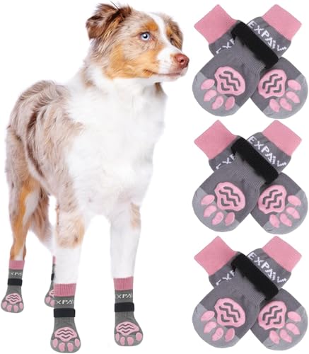 6PCS Anti Slip Dog Socks to Prevent Licking Paws (XX-small (6 Count) / Pink and Grey)
