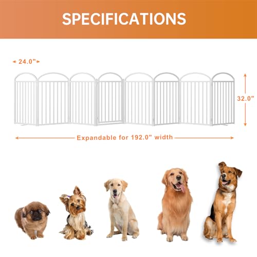 8 Panels Full Matel Freestanding Dog Gates with Door (【8 Panels with Door】192"W*32H" / White)