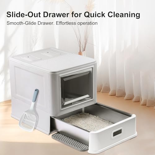 Enclosed Stainless Steel Cat Litter Box with Lid & Drawer Design for Indoor All Lifestyles Cats