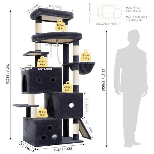 Cat Tree, 74-Inch Streamlined Cat Tower for Large Cats HCT061G (74 inch / Smoky Gray)