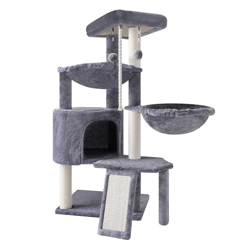 Three Layer Cat Tree with Cat Condo and Two Hammocks (Small / Grey)