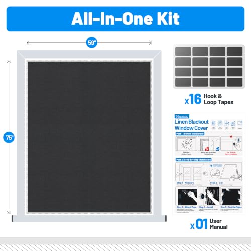 Linen Blackout Curtains for Bedroom Portable 75"×59" Black Out Window Cover (Black / 59"W x 75"H)
