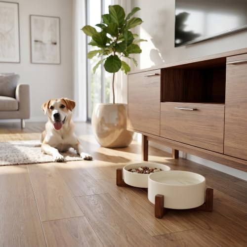 WHUD Elevated Ceramic Dog Bowls with Wooden Stand for Small to Medium Sized Dogs