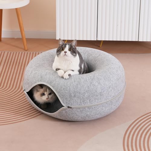 Large Cat Tunnel Bed for Indoor Cats with 3 Toys (L(24x24x11) / Light Grey)