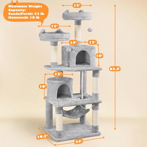 62.5inches Cat Tree Cat Tower Cat Condo with Platform & Hammock (62.5in / Light Gray)
