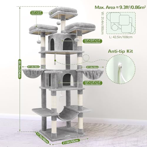 Big XXL Cat Tower for Indoor Multiple Cats (Light Grey / 80inch)