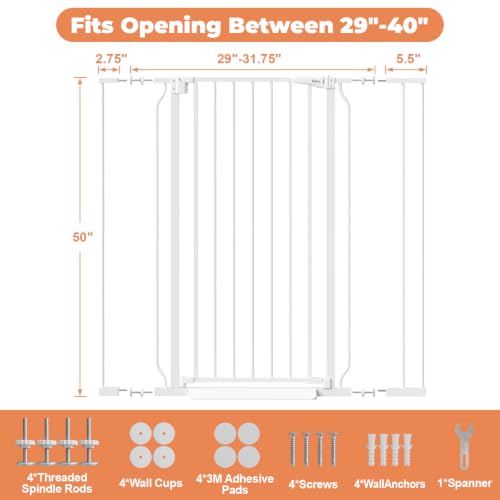 50" Extra Tall Baby Gate No Drilling (White / 29-40"Wide, 50"Tall)
