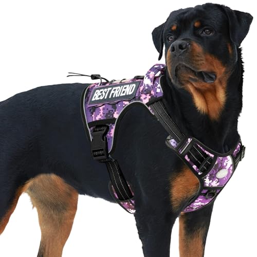 Tactical Dog Harness for Large Dogs (Camo - Purple Camo / XL(Neck:20-31",Chest:26-42"),75-135 lbs)