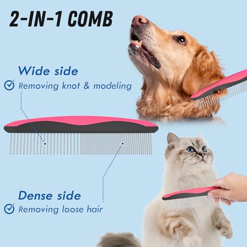 Pet Grooming Brush and Metal Comb Combo for Dogs & Cats (Pink)