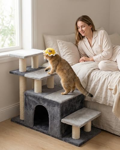 4 Tier Cat Stairs for High Bed with 22'' Cat Scratching Post (Extra Large-Gray)