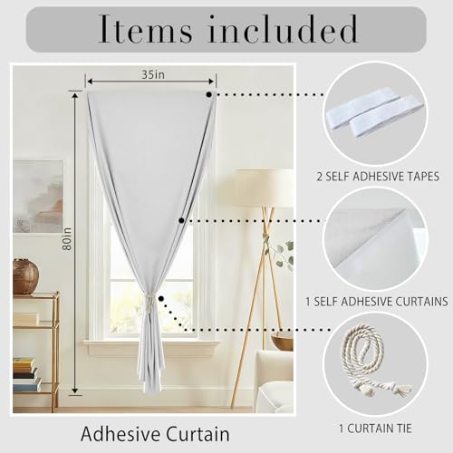 100% Blackout Self Adhesive Portable Curtains for Bedroom Easy to Install Window Thermal Lnsulated Kitchen Room Darkening Small Window Curtains (34"W x 80"L (Pack of 1) / Off-white)