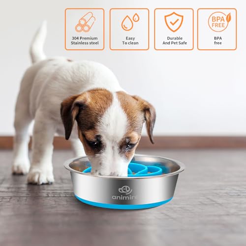 2-in-1 Metal Dog Bowl with Slow Feeder Insert, Stainless Steel Dog Bowls Food Grade 304, Water Food Bowl with Anti-Slip Silicone Base for Small, Medium, Large Dogs (5 Cups / Light blue)