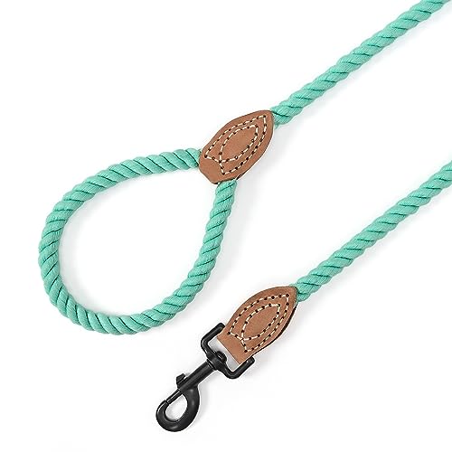 Dog Leash Braided Cotton Rope with Leather (Green / 60 Inch-1/2")