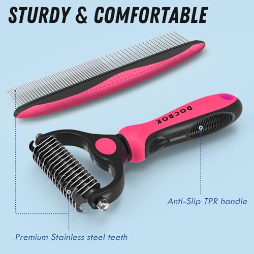 Pet Grooming Brush and Metal Comb Combo for Dogs & Cats (Pink)