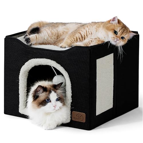 Cat House Bed for Indoor Cats with Fluffy Ball and Scratch Pad (Black / Single)