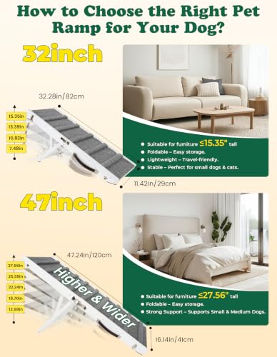 Dog Ramp for Small & Medium Dogs Foldable Pet Ramp for Bed (White / Up to 75 lbs)