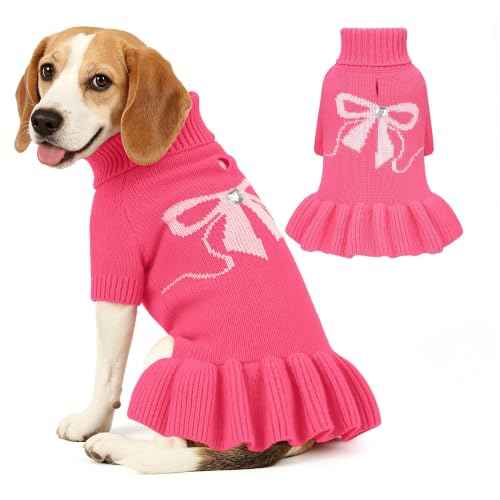 Bowknot Dog Sweater Dress for Small Dogs Girl (X-Large (21-28lbs) / Rose Pink)
