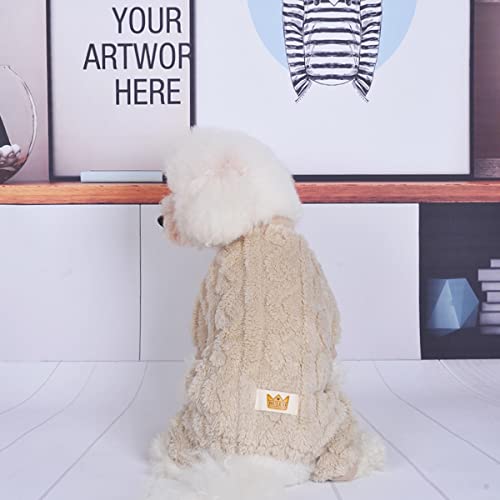 Plush Dog Pajamas for Cold Weather 4 Legged Clothes for Dog Cat Stretchy Puppy Kitten Onesie with Buttons Warm Soft Pet Jumpsuit Winter Coat Beige Large (Large / Beige)