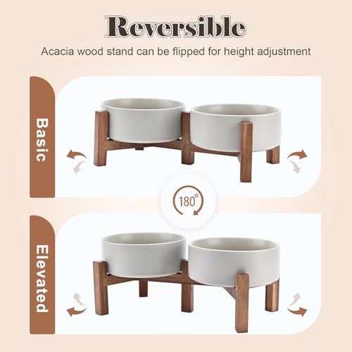 Ceramic Dog Bowls with Acacia Wood Stand (28.74 Oz / Gray)