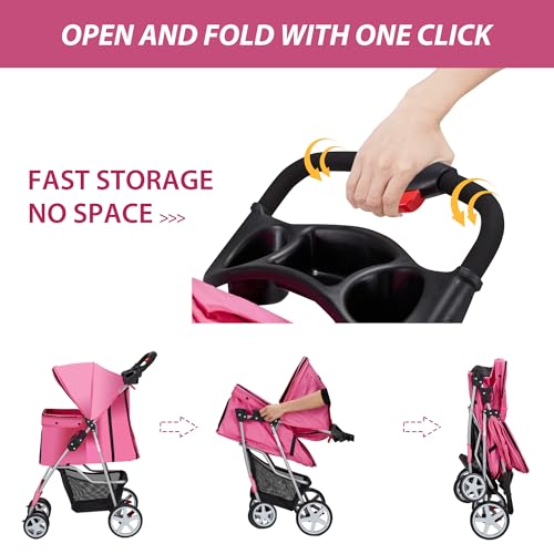Foldable 4 Wheel Pet Stroller for Dogs Cats 10 (Pink)