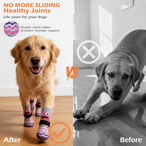 Dog Socks to Prevent Licking Paws with Grippers for Hardwood Floors Anti Slip (Medium / Pink)