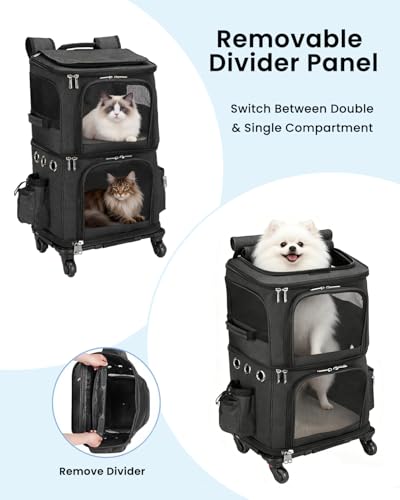 Double Compartment Cat Carrier Backpack with Wheels for Two Pets (14.6"L x 11.2"W x 21.6"H / Black)