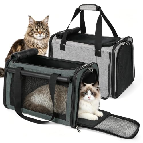 2 Packs 25 lbs Soft Sided Pet Carrier for Large Cat & Small Dog (17.5"L x 11.0"W x 11.0"H / 2 Pack(Grey*1+Grey green*1))